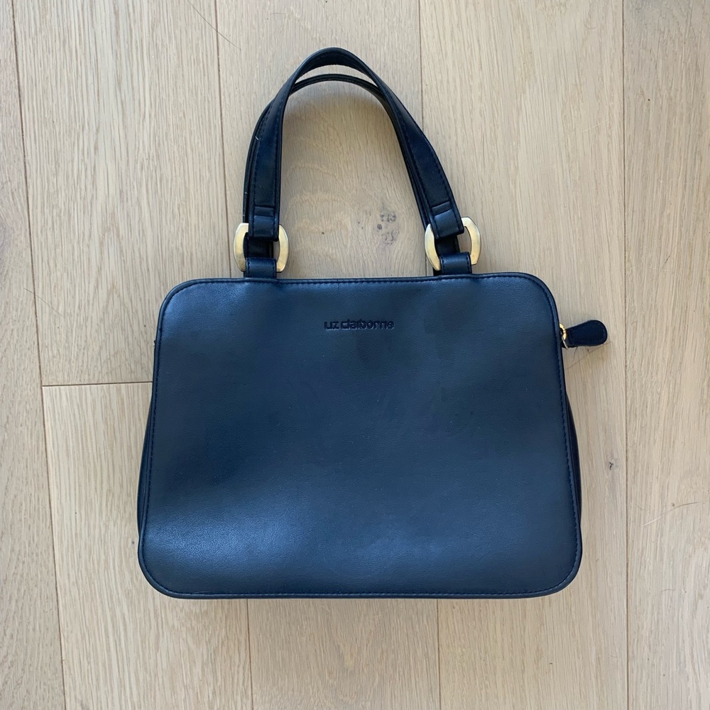 Liz Claiborne Black Leather Satchel with Gold Hardware